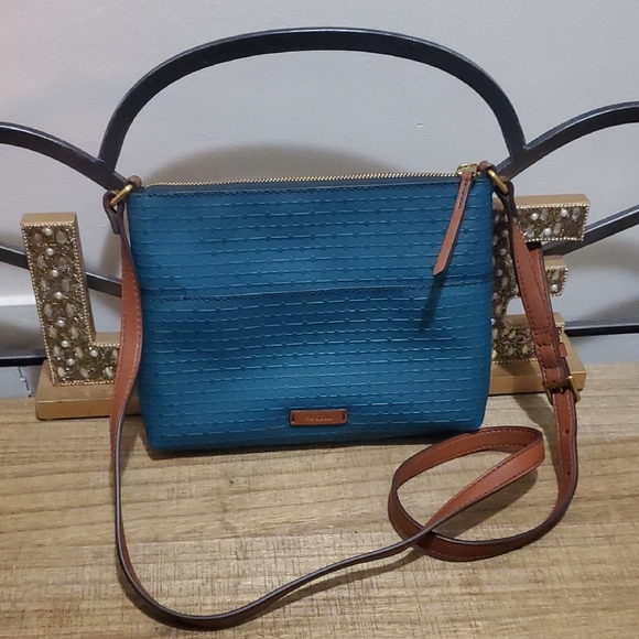 Handbags - Fossil Fiona Teal Turquoise Woven Canvas Crossbody Purse Bag